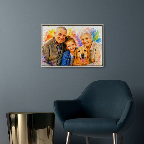 Family artwork in an oak frame, hanging on a wall