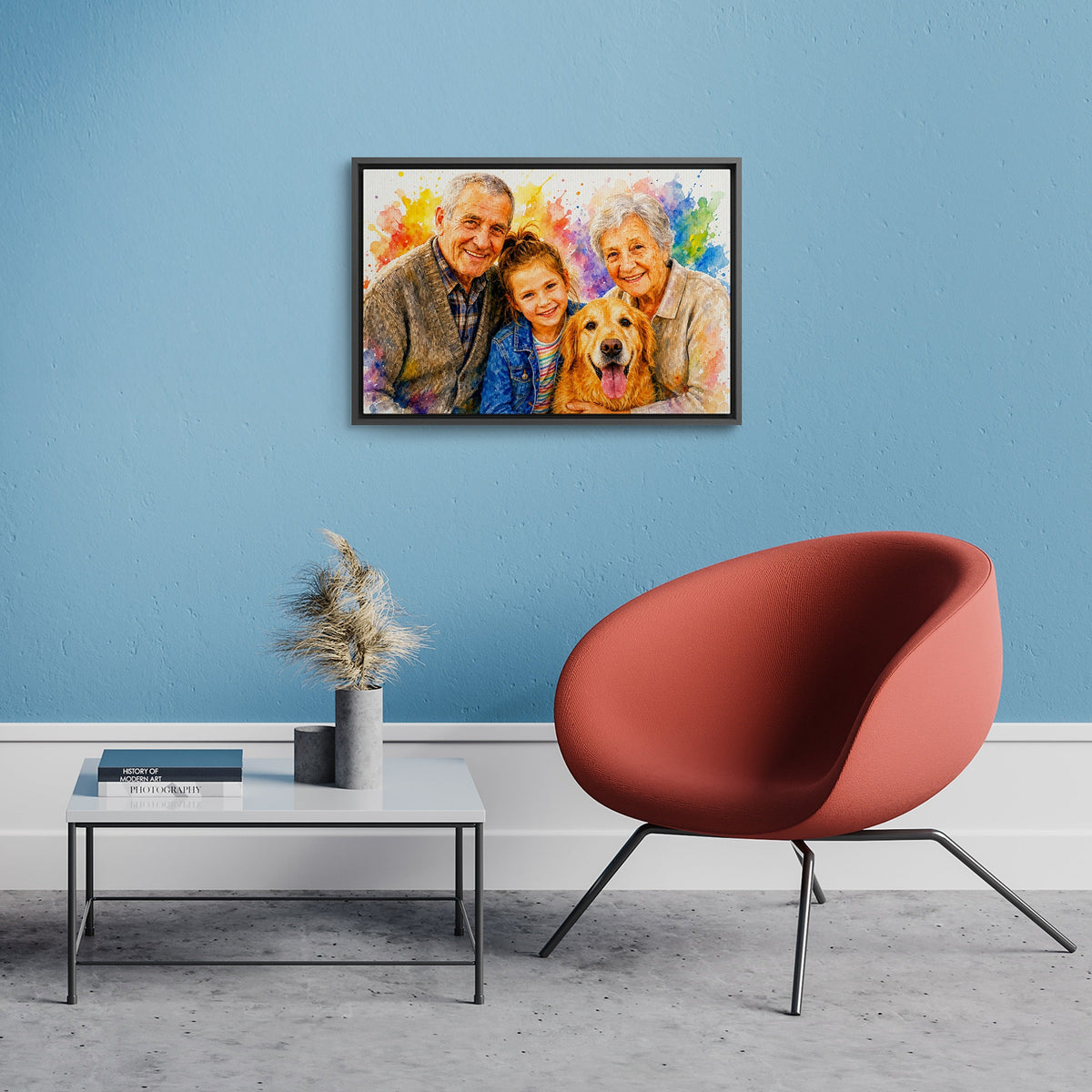 Family artwork in a black frame, hanging on a wall