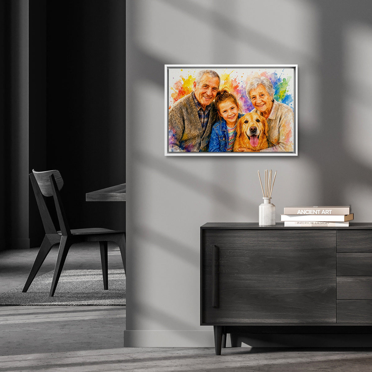 Framed canvas in white, hanging on a wall